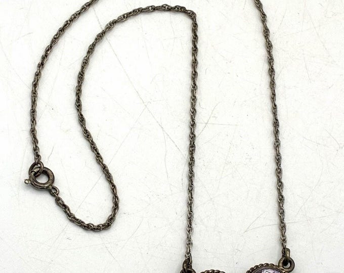 Vintage Sterling Silver Double Lavender Stone Bezel Necklace Rope Chain 18”