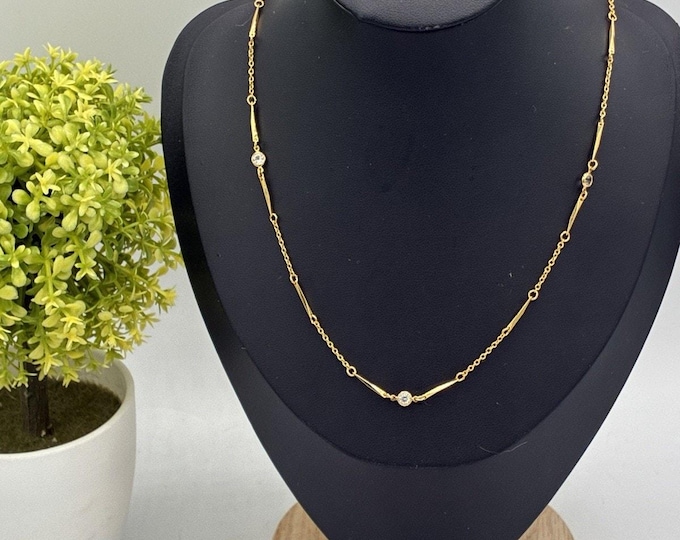 Gold Tone Bar Link Necklace Bezel Crystal Stations Vintage 80s Delicate