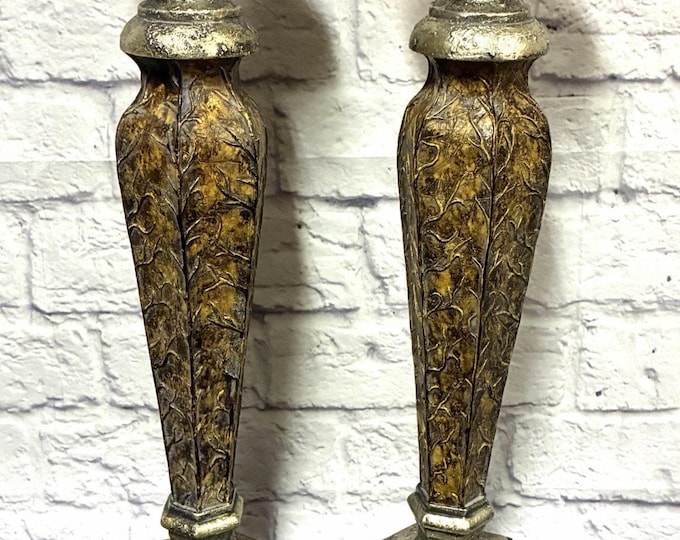 Pair 16” Tall Gold Brown Leaf Relief Candle Holders Hollywood Regency