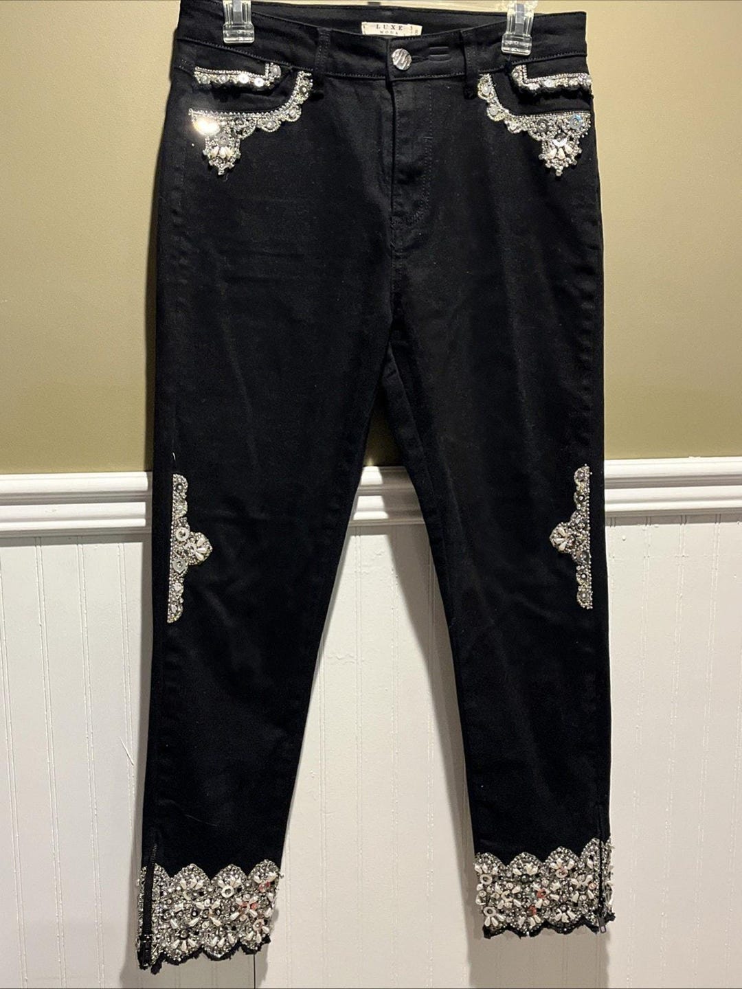 Womens Black Luxe Moda Denim Jeans Rhinestone Embellished Side
