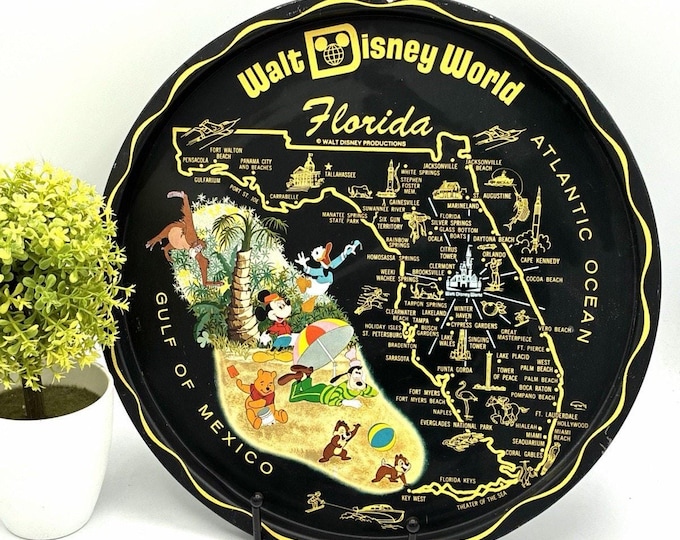 Vintage 1970s Walt Disney World Florida Map Souvenir Metal Tray 11 inch Black