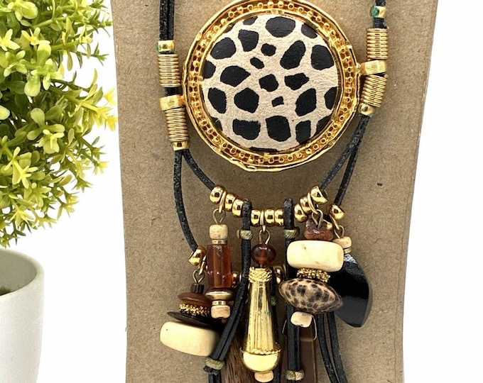 Long Animal Print Tassel Statement Necklace Mixed Media Boho 32”