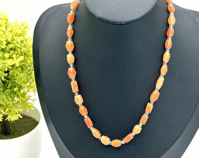Vintage Orange Calcite Faceted Nugget Bead Necklace Clear Spacers 14 In
