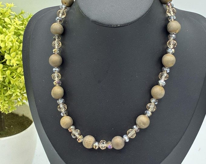 Beaded Necklace Matte Gold Druzy Round Beads Champagne AB Crystal Rondelle 18in