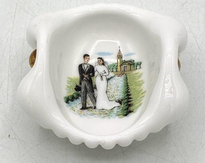 Vintage Milk Glass Wedding Ring Dish Bride Groom Chapel Trinket Dish