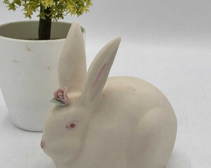 Signed Helen Bisque Porcelain Bunny Figurine Applied Rose Studio Art Pottery