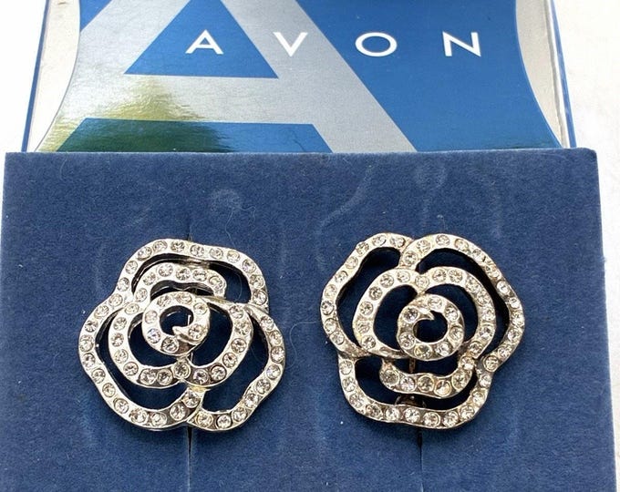 Vintage 2005 Avon Shimmering Flower Clip On Earrings, Rhinestone Rose NOS Box