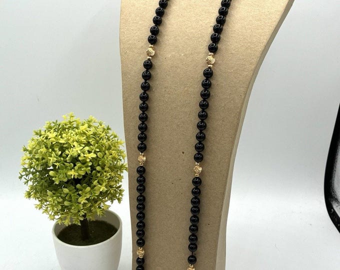 Vintage Black Onyx Bead Necklace 14/20 Gold Filled Accent Beads 32 Inch