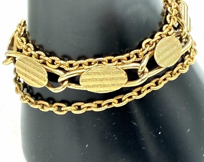 Vintage Gold Tone Multi Strand Chain Bracelet Fluted Oval Station Links