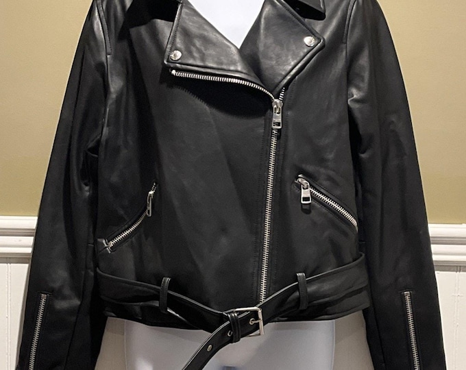 Calvin Klein Faux Leather Moto Jacket • Black Zip Sleeves • Women’s M