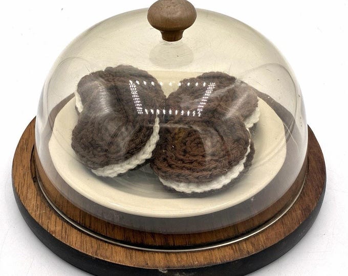Vintage Japan Wood Serving Tray Dome Crochet Cookies Folk Art Kitchen Decor