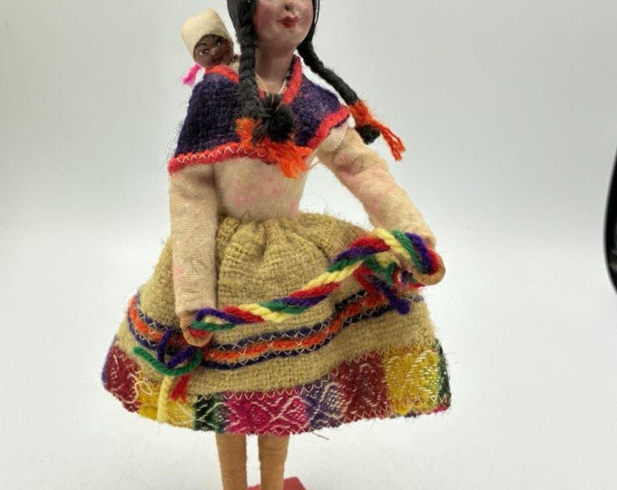 Vintage Andean Folk Art Mother Baby Doll 8.5” Lucio J Alvarez Artesanias