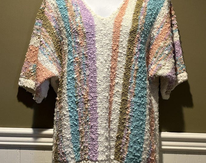 Vintage Joyce V Neck Colorful Striped Pastel Chunky Knit Sweater Cottagecore L