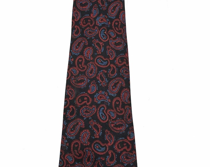 Vintage Silk Foulard Tie Black Red Blue Paisley Hand Blocked England Necktie