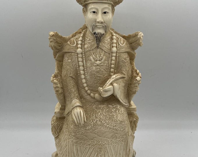 Vintage Chinese Emperor Carved Cast Resin With Faux Ivory Finish Figurine Statue