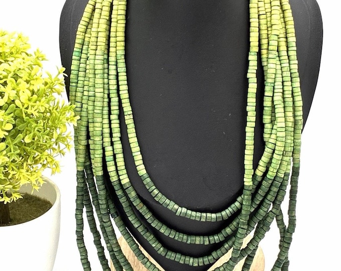 Long Multi Strand Green Wood Bead Statement Necklace Ombre Boho