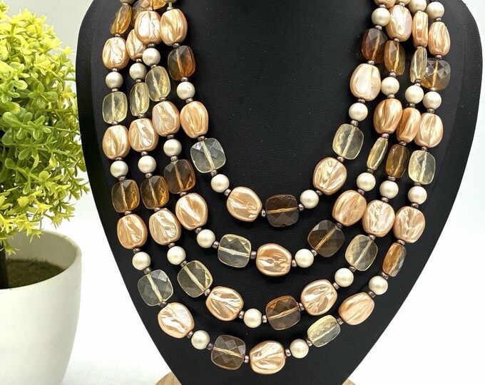 Vintage Multi Strand Beaded Bib Style Necklace Faux Pearl Statement 15 Inch