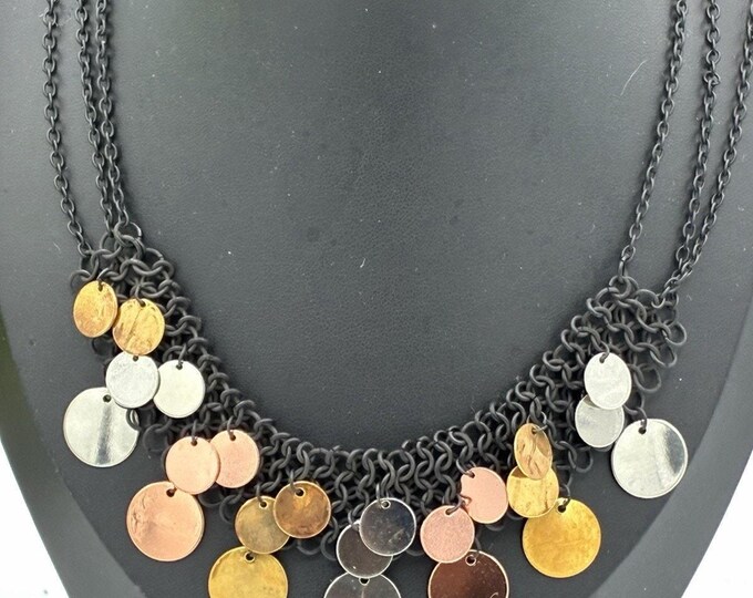 Mixed Metal Disc Bib Necklace 16” Black Chain Gold Silver Copper Statement
