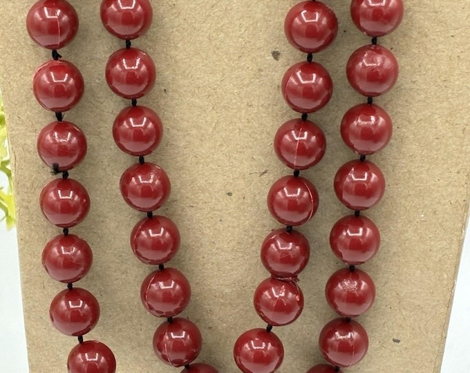 Vintage 50” Cranberry Red Beaded Necklace Extra Long Single Strand Costume