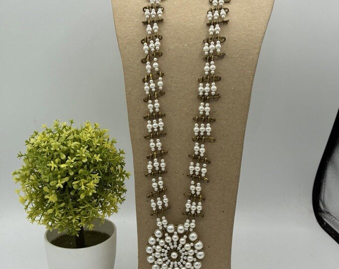 Vintage Faux Pearl Safety Pin Statement Necklace Cluster Medallion Pendant 24"
