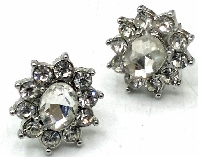 Vintage Clear Rhinestone Cluster Stud Earrings Oval Statement Costume Jewelry