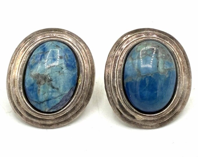 Vintage Sterling Silver Blue Cabochon Clip Earrings Oval Bezel Set Sodalite 1”