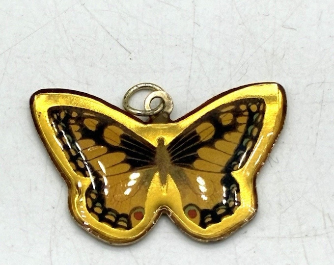Vintage Yellow Swallowtail Butterfly Resin Dome Pendant Gold Tone Charm