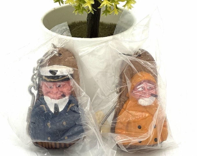 Vintage Nanco Wooden Fisherman Keychains NOS Pair Nautical Fishing Made Taiwan
