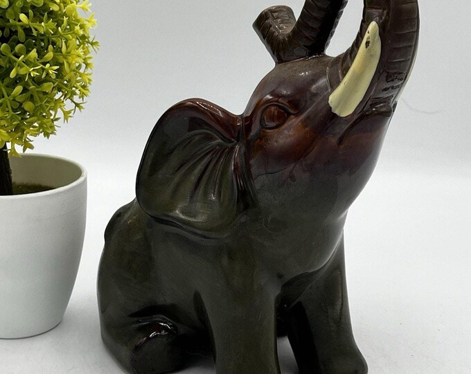 Vintage Dark Brown Ceramic Elephant Figurine Raised Trunk Rustic Decor