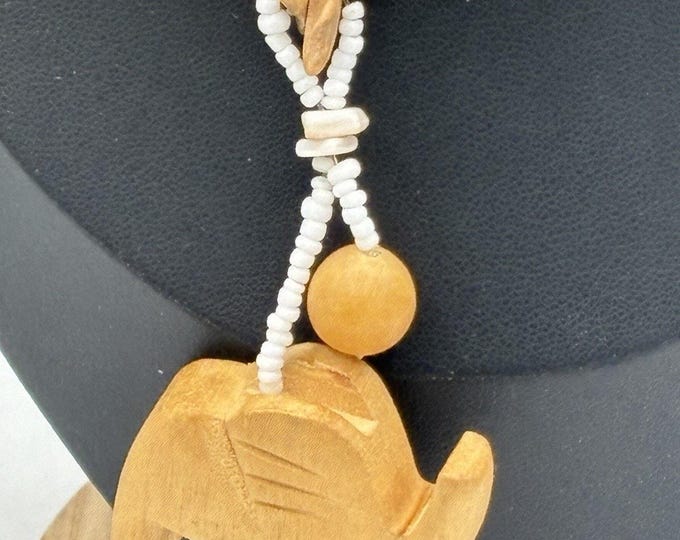 Carved Wood Elephant Pendant Necklace Shell Seed Bead Boho 18 Inch