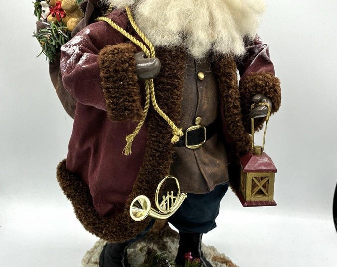 Vintage 1999 Santa Figurine 16” Toys Lantern Horn Burgundy Coat Christmas