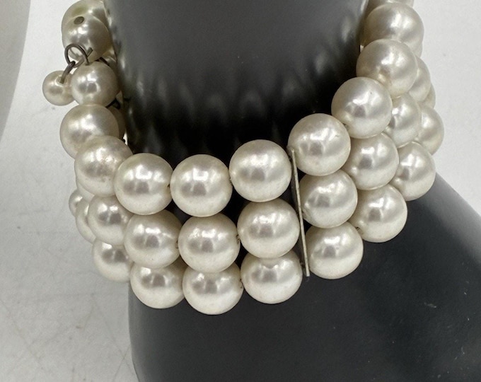 Vintage 3 Row Faux Pearl Memory Wire Cuff Bracelet Cream Ivory Statement