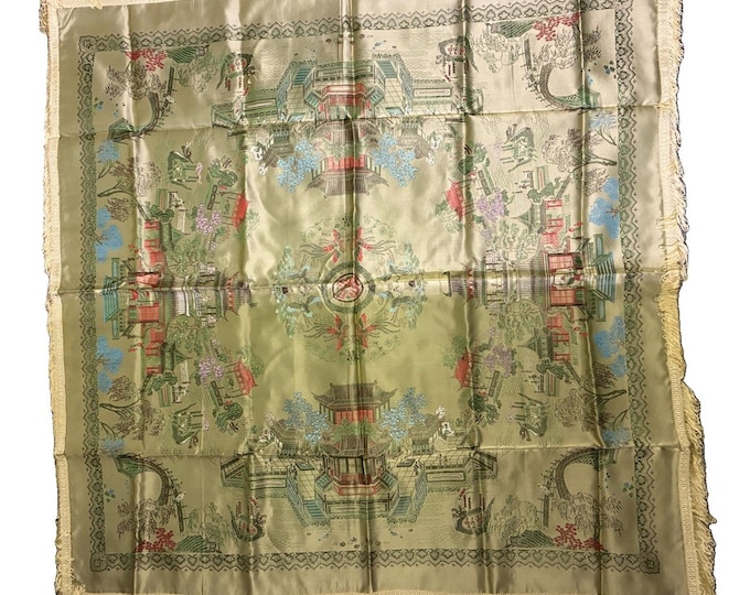 Vintage Chinese Brocaded Flowers Silk Piano Shawl Table Topper 38” Square