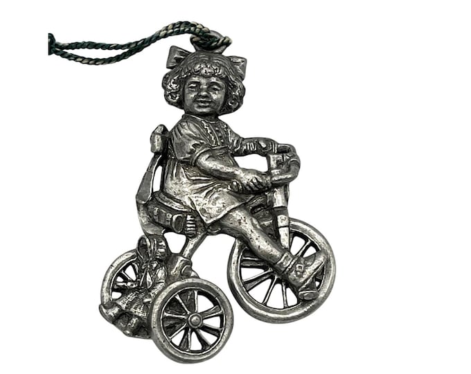 Vintage 1994 Pewter Girl on Tricycle Christmas Ornament