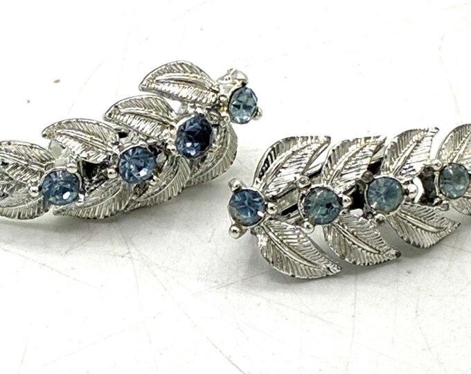 Vintage Coro Blue Rhinestone Leaf Clip On Earrings Silver Tone Signed