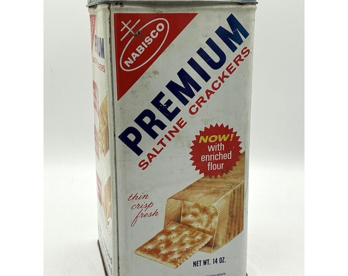 Vintage Nabisco Premium Saltine Crackers 1969 Tin Blue Lid Advertising