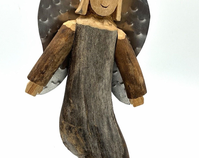 Signed 1993 Folk Art Wood Angel Tin Wings Hand Carved Rustic Sculpture 9”