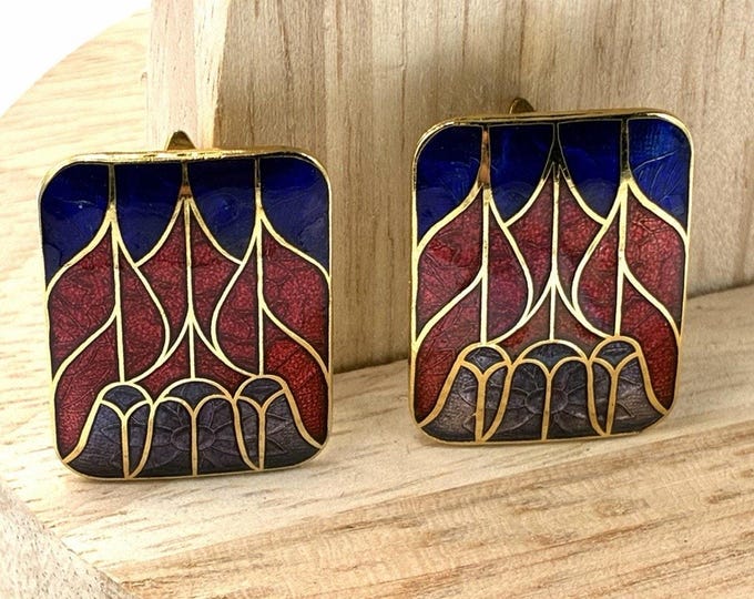 Vintage Cloisonne Enamel Clip Earrings Cobalt Blue Red Art Nouveau Gold Tone