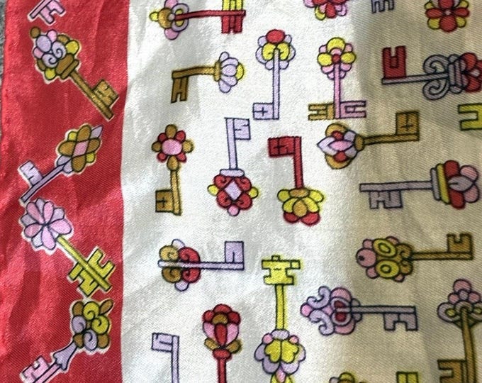 Glentex Vintage Silk Blend Scarf Novelty Antique Keys Print Red Border 26" AS IS