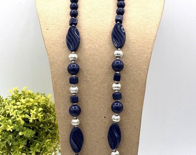 Vintage Navy Blue Bead Necklace 24” Silver Tone Mixed Shape Statement Jewelry