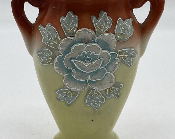 Vintage Mini Vase, Raised Hand Painted Flowers Front, Occupied Japan Ombre Color