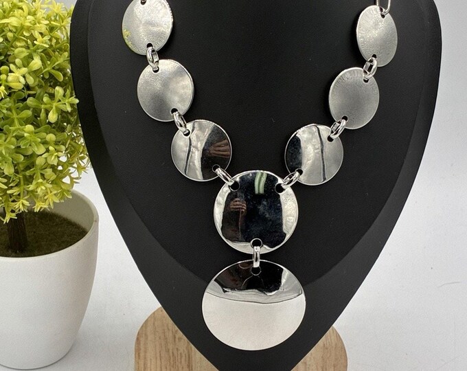 Silver Tone Disc Statement Necklace Oversized Graduated Circle Bib 14”