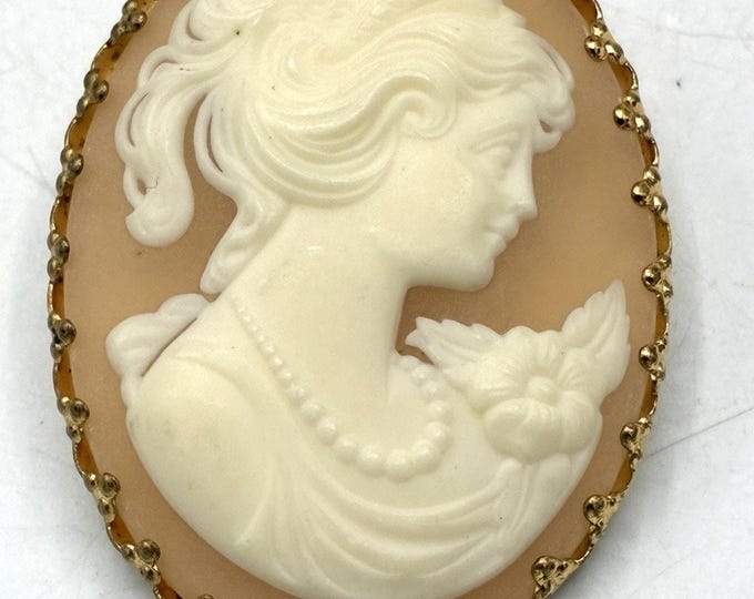 Vintage Acrylic Cameo Scarf Clip Woman Floral Gold Tone 1.5” Costume Jewelry