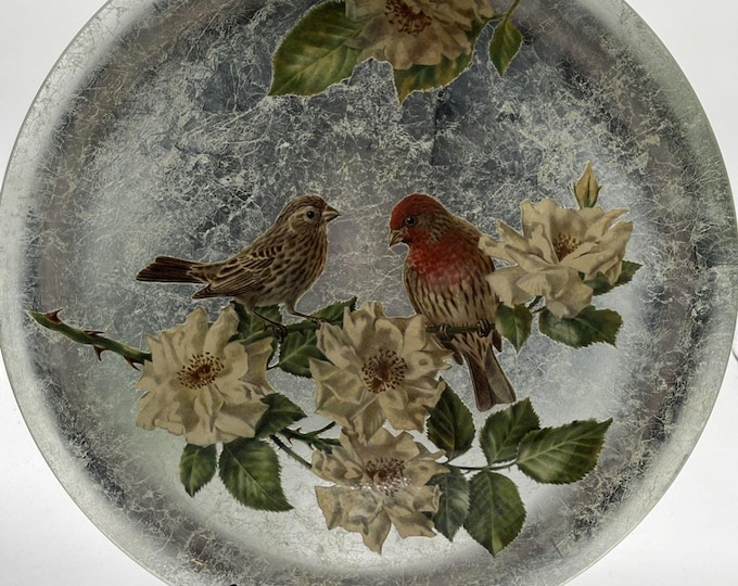 Vintage 1970s Decoupage Plate – Birds & Flowers Silver Crackle Art (15" Round)