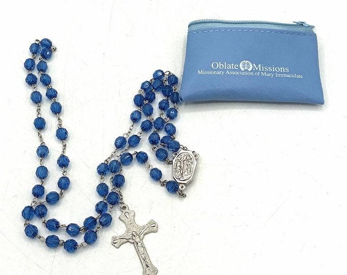 Lourdes Water Rosary Silver Tone Crucifix Blue Faceted Lucite Holy Water Center