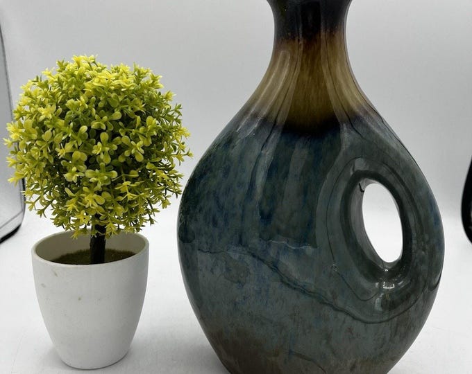 Vintage Drip Glaze Ceramic Vase Blue Brown Pierced Round Boho Art Pottery