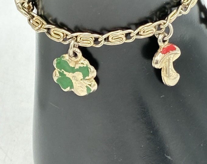 Vintage Child's Gold Tone Charm Bracelet Enamel Lucky Charms Clover Ladybug