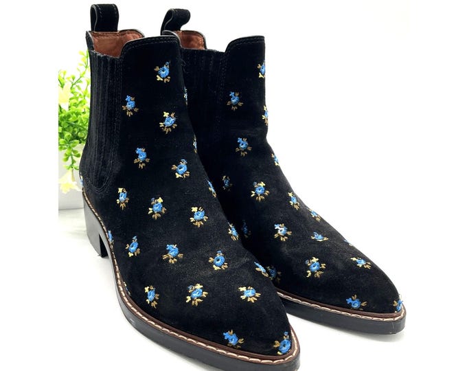 Coach Bowery Black Suede Floral Embroidery Chelsea Ankle Boots Size 6