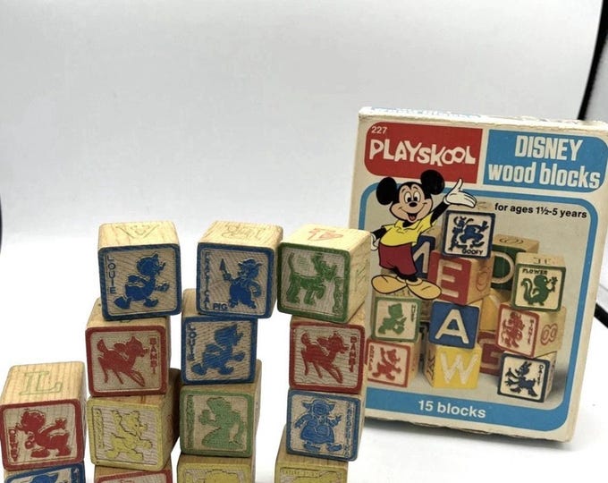 Vintage 1978 Disney Playskool Wooden Picture Blocks Mickey Donald Goofy 14 of 15 Box