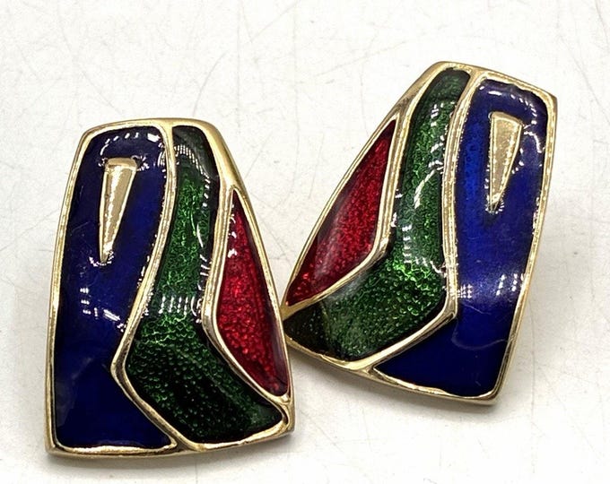 Vintage Modernist Enamel Geometric Earrings Gold Tone Red Green Blue Abstract